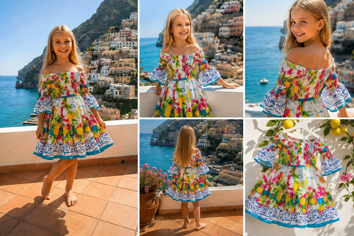 Rochie pentru fetițe cu umerii goi și imprimeu floral – Antica Sartoria