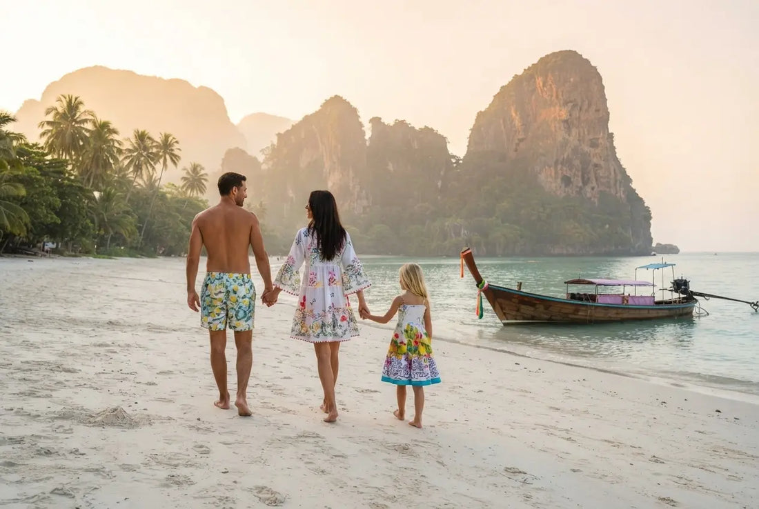 Familie pe o plajă din Thailanda, la apus, cu femeie în caftan alb brodat