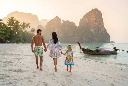 Familie pe o plajă din Thailanda, la apus, cu femeie în caftan alb brodat